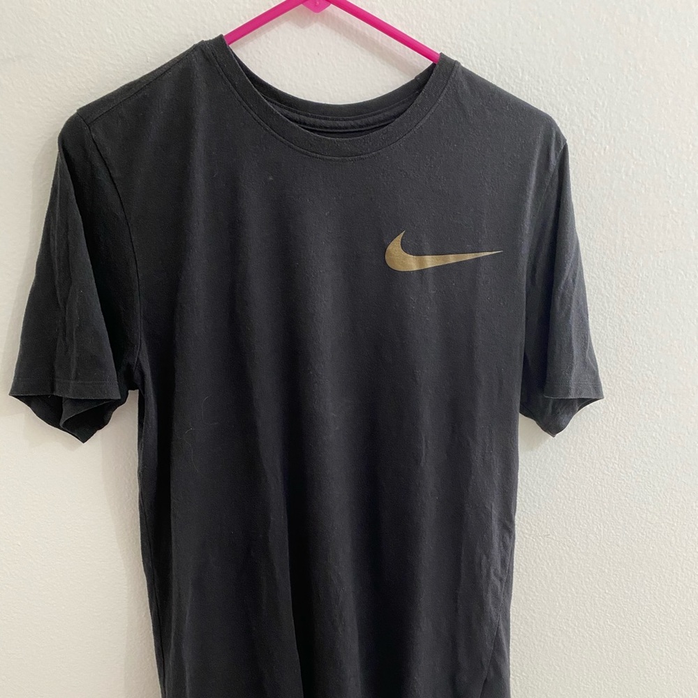 Nike Dri-fit Black Tee with Gold Swoosh front/back